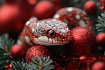 Fototapeta premium A bright snake with a red and white pattern against the background of New Year's decorations made in rich red tones. 