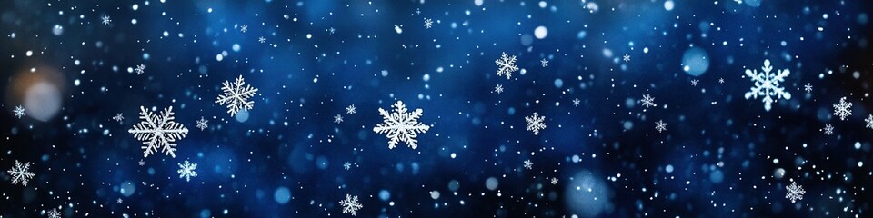 Snowflakes falling gently on blue bokeh background