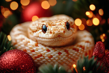 Fototapeta premium A creamy white snake with yellow patterns curled up against a background of New Year's decorations. 