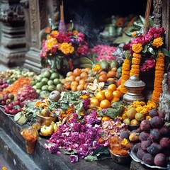 Colorful fruits, flowers, and incense offerings at a temple.