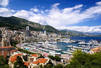 Fototapeta premium Magnificent views of Monaco , the royal palace, St. Nicholas Cathedral and luxury yachts. 