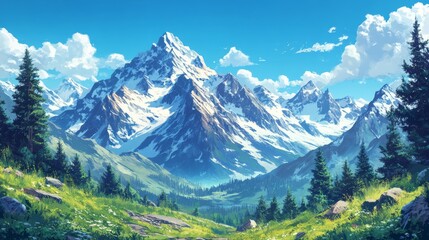 Fototapeta premium Majestic Snowcapped Mountains And Lush Alpine Meadow