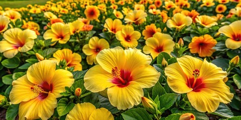 Overhead view of a profusion of sunny yellow hibiscus flowers.