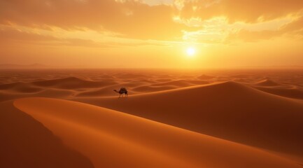 A lone camel in a golden desert