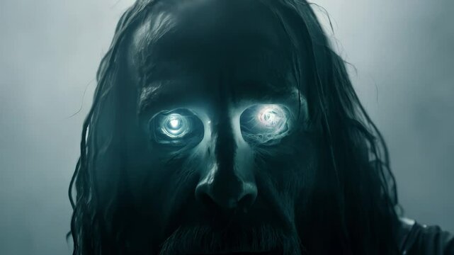 Haunting ghost of an rugged man in fog. With scary glowing eyes. Dark fantasy story theme. Cinematic portrait, close up in slow motion. High quality 4k footage