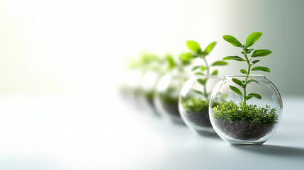 Growing plants in glass vases symbolize nature beauty and sustainability. This serene image captures essence of growth and environmental awareness