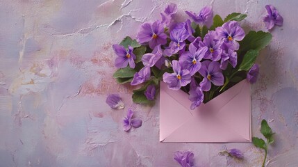 Purple violets in a soft pink envelope on a pastel lilac background, delicate and sweet, generative ai