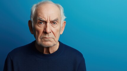 Obraz premium An elderly man with gray hair and a serious expression against a blue background.