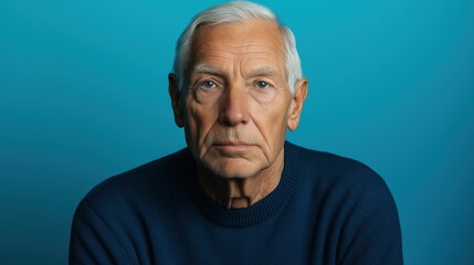 Obraz premium A senior man with gray hair wearing a blue sweater, looking directly at the camera against a blue background.