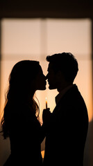 Silhouette of couple sharing romantic moment with candle at sunset. warm glow creates intimate atmosphere.  valentine