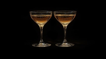 Two elegant champagne glasses filled with sparkling beverage against a black background.