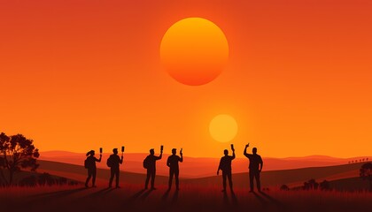 Fototapeta premium Silhouette of people watching double sunset