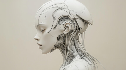 Fototapeta premium A side profile of a futuristic female humanoid robot, highlighting intricate cybernetic details and sleek design on a neutral background.
