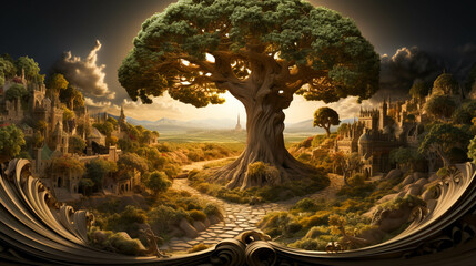 A fantasy tree growing out of the ground