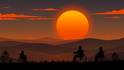 Naklejka premium Sunset Silhouette, Wheelchair Users in Nature