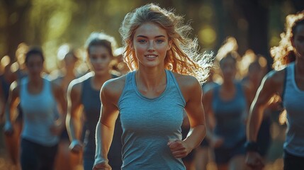 Fototapeta premium Women running in a park during morning light, showcasing determination and energy in a fitness event setting