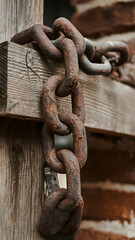 Obraz premium Close-up of a rusty chain hanging on a wooden beam, showing texture and decay.