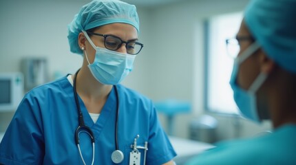 A close-up of a healthcare worker in scrubs and a mask, focused on providing care to a patient, emphasizing the dedication and professionalism of healthcare workers.