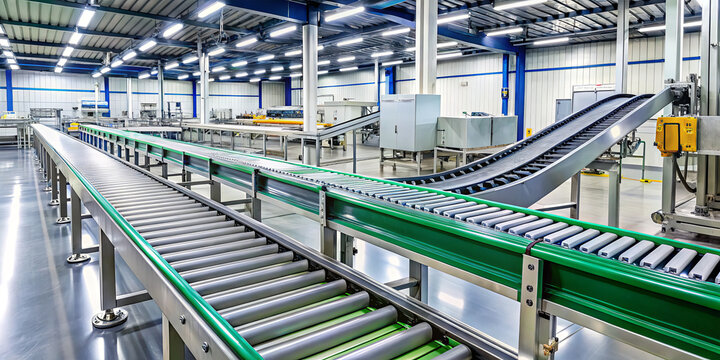 A spacious industrial facility features multiple conveyor belts arranged in parallel. The environment is clean and organized, showcasing the efficiency of material handling processes