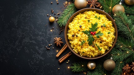 A bowl of yellow rice garnished with herbs, surrounded by holiday decorations and greenery.