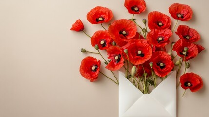 Red poppies in a white envelope on beige background, vibrant and bold generative ai