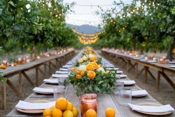 Enchanting Outdoor Farm Table Setting with Citrus Decor and String Lights for a Rustic Event