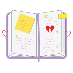 Open notebook with sticky notes and doodles