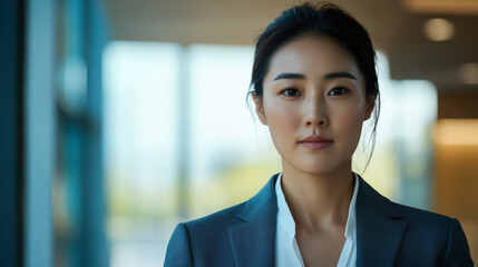 Naklejka premium Young professional woman in a modern office setting with natural light during the day, exuding confidence and poise while looking at the camera