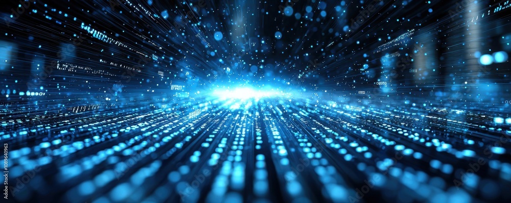 Poster abstract digital background with blue binary code and light rays