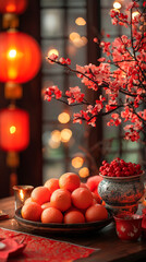 Naklejka premium Celebrating New Year with Chinese family traditions, featuring festive decorations, vibrant oranges, and cherry blossoms. warm and inviting atmosphere