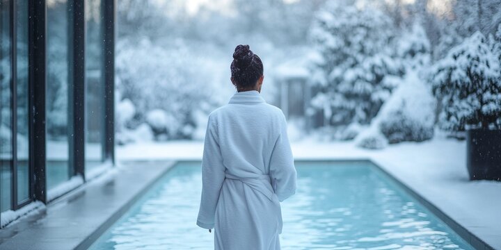 A serene winter scene featuring a woman in a white robe standing by a tranquil pool. The snowy landscape surrounds the calm water. A perfect retreat for relaxation. AI