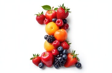 Obraz premium Intertwined fruits letter “1”, realist precision, high saturation, beautiful, inspiring, isolated, flat white background 