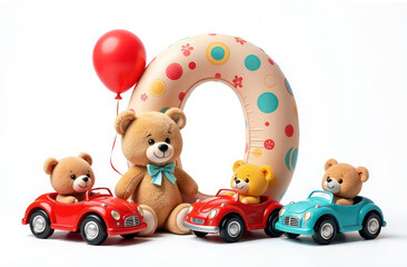 Obraz premium Intertwined kids toys, kids cars, teddy bears, letter “0”, realist precision, high saturation, beautiful, inspiring, isolated, flat white background