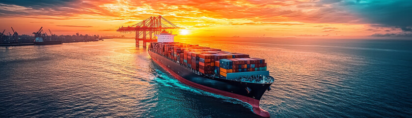 Naklejka premium Container ship at port with cranes during sunset, showcasing international shipping. vibrant sky reflects on water, creating stunning visual