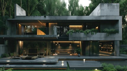 A modern luxury home with concrete walls