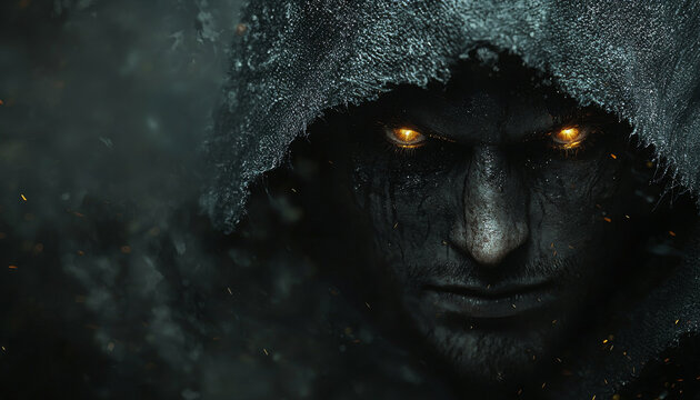 Hooded character with illuminated eyes in suspenseful atmosphere, evoking mystery and intrigue. dark setting enhances dramatic effect