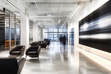Blurred modern office spaces with sleek furniture and lighting