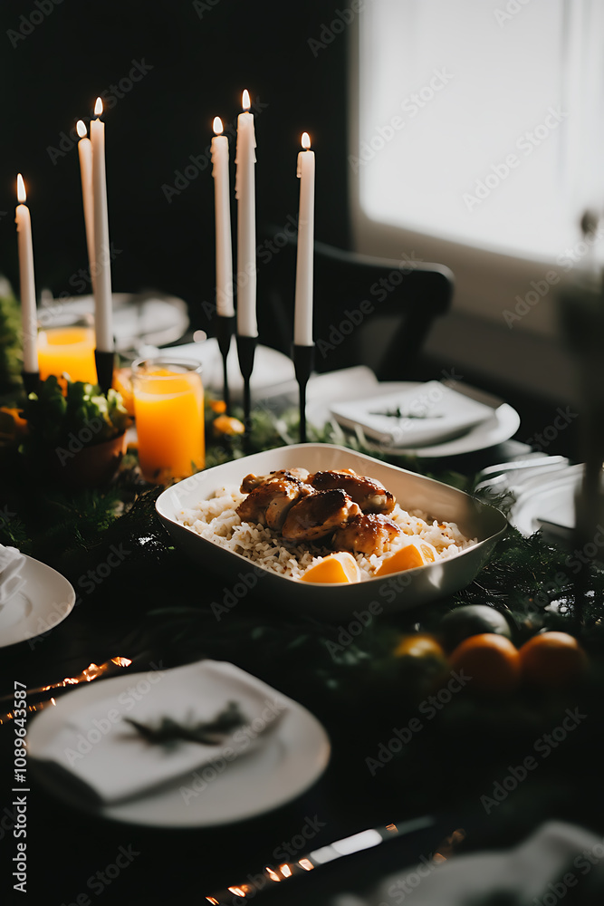 Wall mural simple and minimalistic dinner table is elegantly set with food, candles, and decor, creating warm and inviting atmosphere. table features dish of roasted meat with oranges