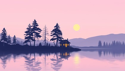 Fototapeta premium Peaceful Lakeside Cabin Sunset