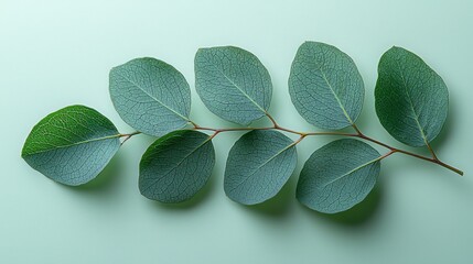 A close-up of a green eucalyptus leaf branch against a soft background.