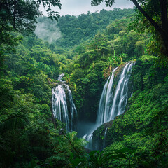 Majestic waterfall cascading through dense tropical forest landscape