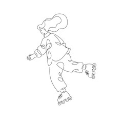 Girl skates on rollers, vector line art illustration