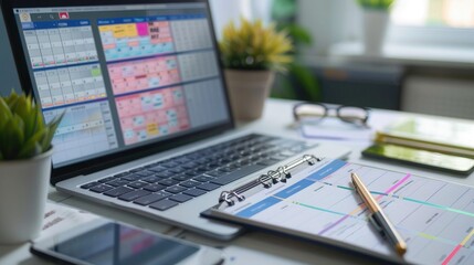 A close-up of a business planner on a desk, with a laptop and smartphone showing synchronized schedules