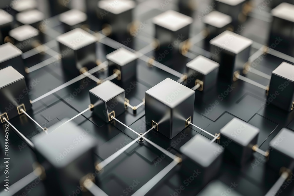 Poster abstract representation of interconnected cubes and circuits showcasing a digital architecture conce