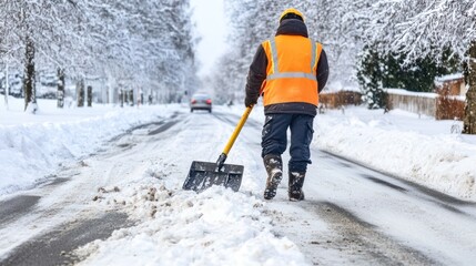 Worker Clearing Snow from Road with Shovel in Winter. Urban Maintenance and Safety