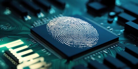 A digital fingerprint overlaid on a circuit board, symbolizing secure authentication and the importance of protecting personal data. 2