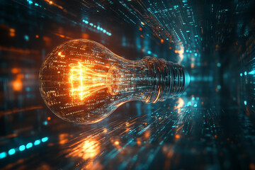Obraz premium luminous light bulb surrounded by glowing digital data streams creates captivating abstract landscape. vibrant colors and intricate patterns evoke sense of innovation and technology