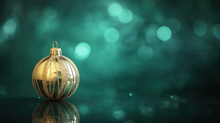 Obraz premium A shiny golden Christmas ornament with decorative stripes on a blurred green background.