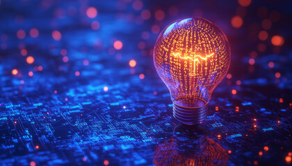 glowing light bulb with binary code and circuit patterns symbolizes innovation and technology. vibrant colors create futuristic atmosphere, representing fusion of ideas and digital advancement