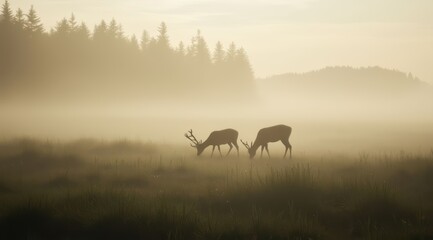 Two deer grazing in a misty field